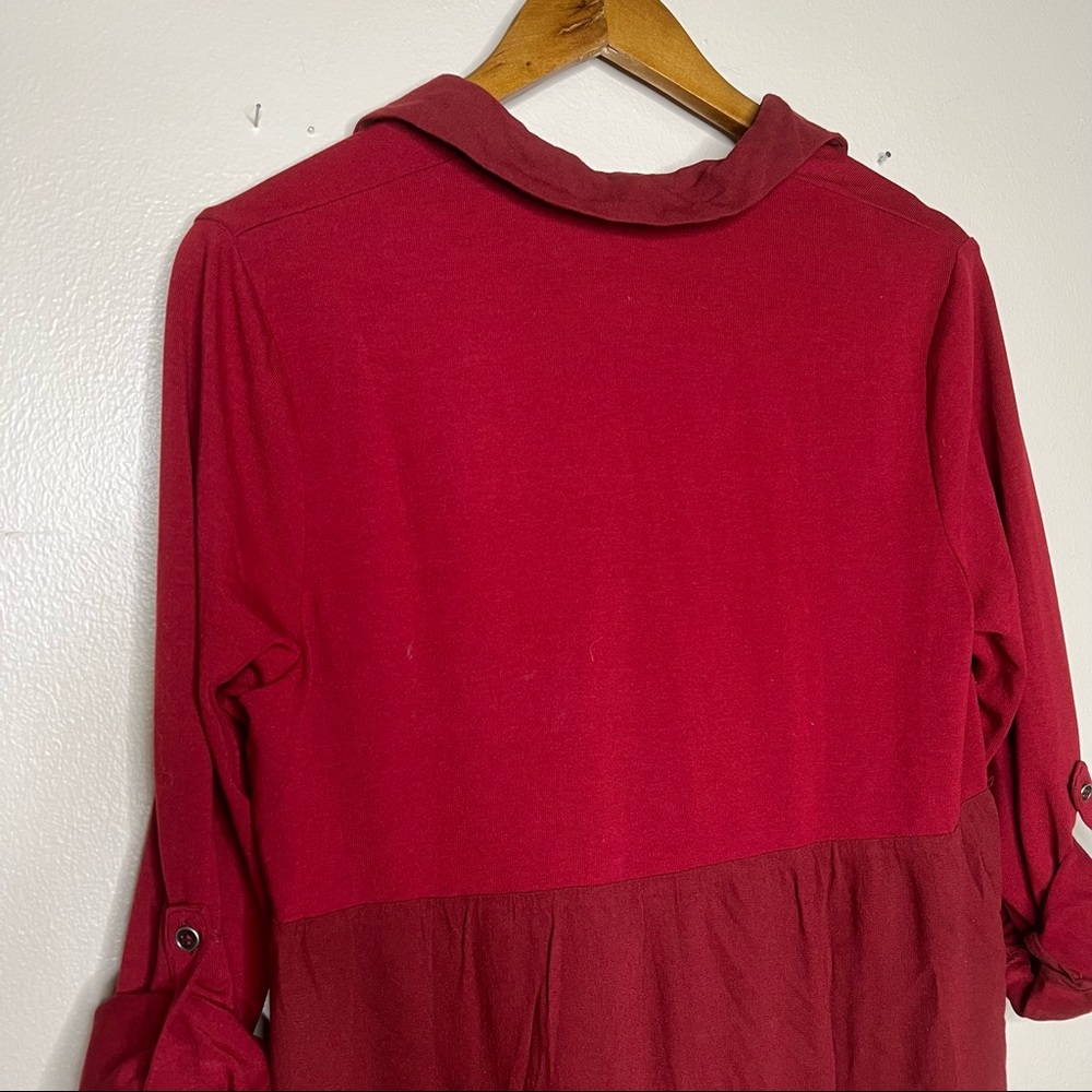 Entro Women Red Mixed Media Button Down Tunic Roll Tab Sleeve Top Small - Picture 4 of 8